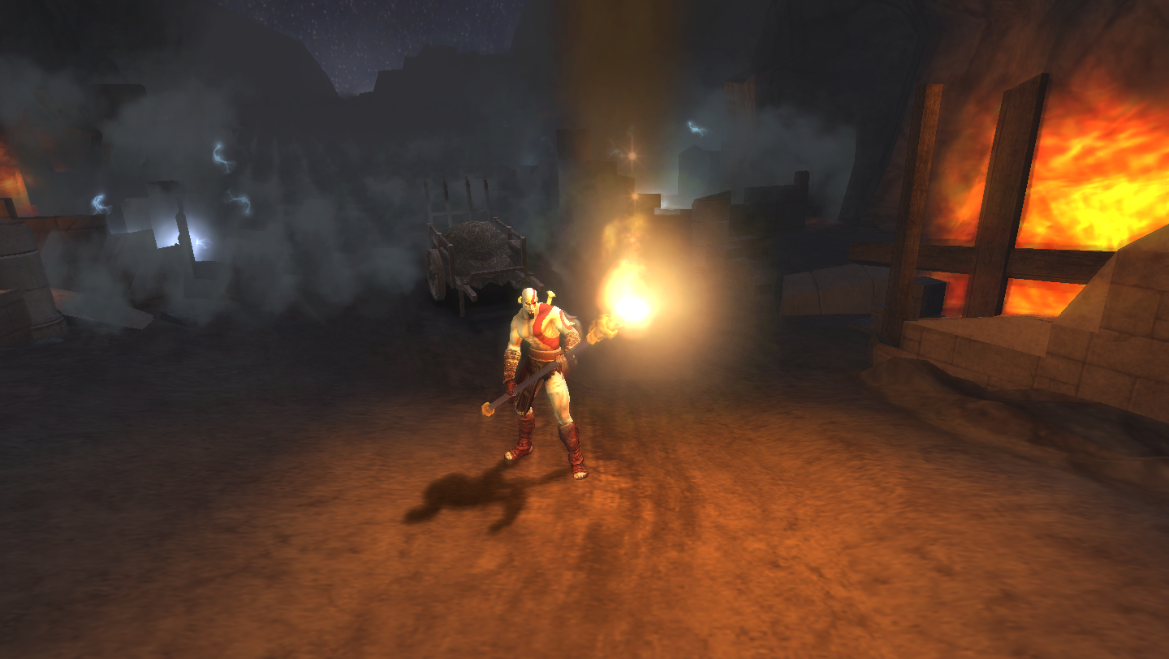 Kratos holding torch near wagon